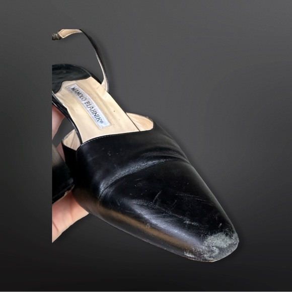 Vintage Manolo Blahnik Black Leather Carolyne Slingback Pumps Heels Sz 8.5 / 39 - Picture 8 of 11